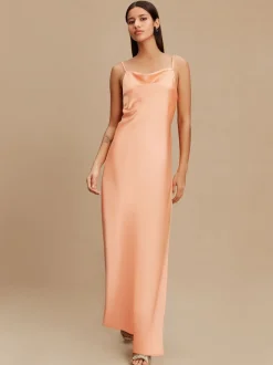 abricot - Robe longue de demoiselle d’honneur en satin à col bénitier pour mariage