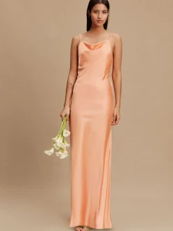 abricot - Robe longue de demoiselle d’honneur en satin à col bénitier pour mariage