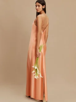 abricot - Robe longue de demoiselle d’honneur en satin à col bénitier pour mariage