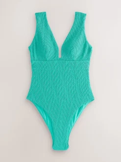 Aqua Vert Effet froissé Texturé - Maillot de bain plongeant et galbant avec contrôle du ventre
