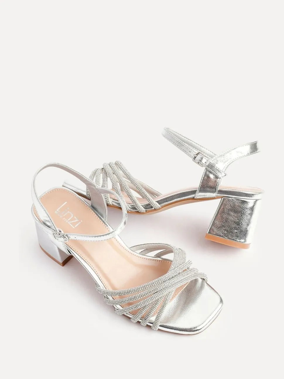 Argent - Sandales à talons croisés en diamants Linzi Coupe large