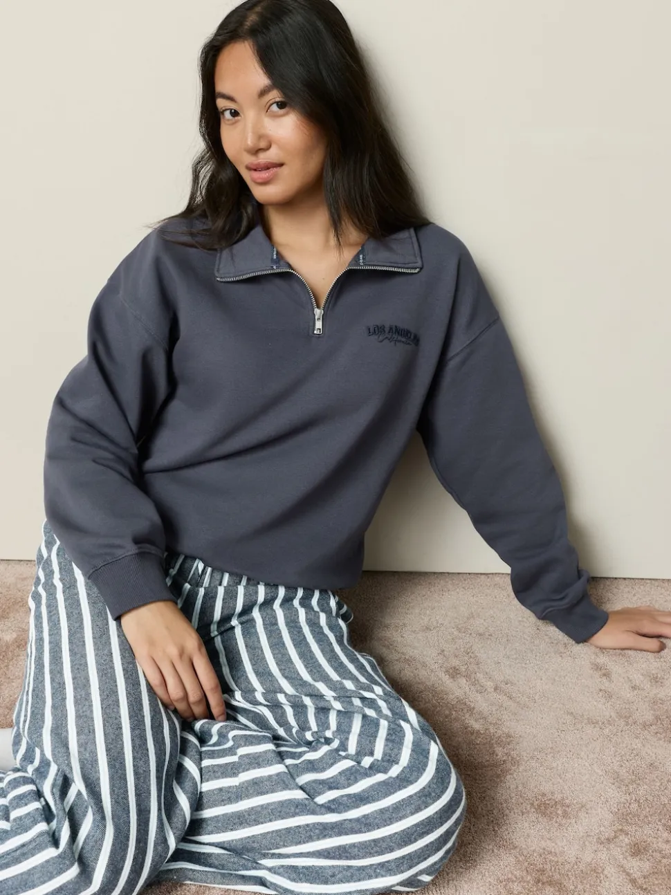 Bande marine - Ensemble sweat-shirt à demi-zip et pyjama en flanelle