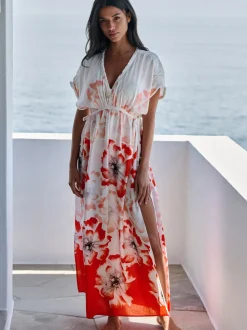 Blanc - B by Ted Baker Robe blanche Blend en lin fleurie Beach