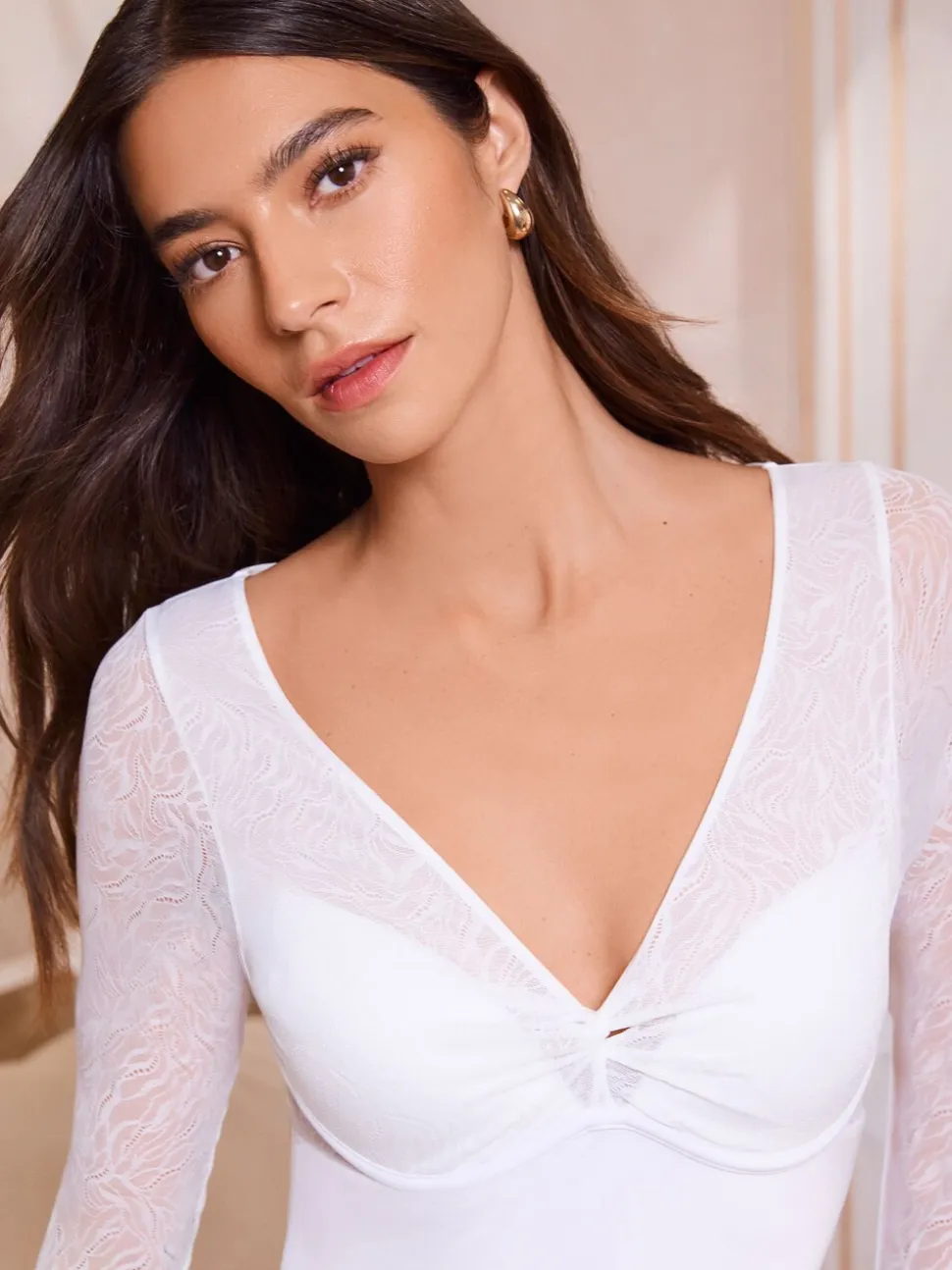 Blanc - Body string rembourré Lipsy en dentelle à manches longues