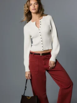 Blanc - Cardigan côtelé en maille à manches volumineuses