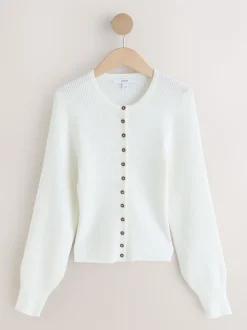 Blanc - Cardigan côtelé en maille à manches volumineuses