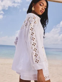 Blanc - Chemise Lipsy brodée Beach 100% coton coupe décontractée