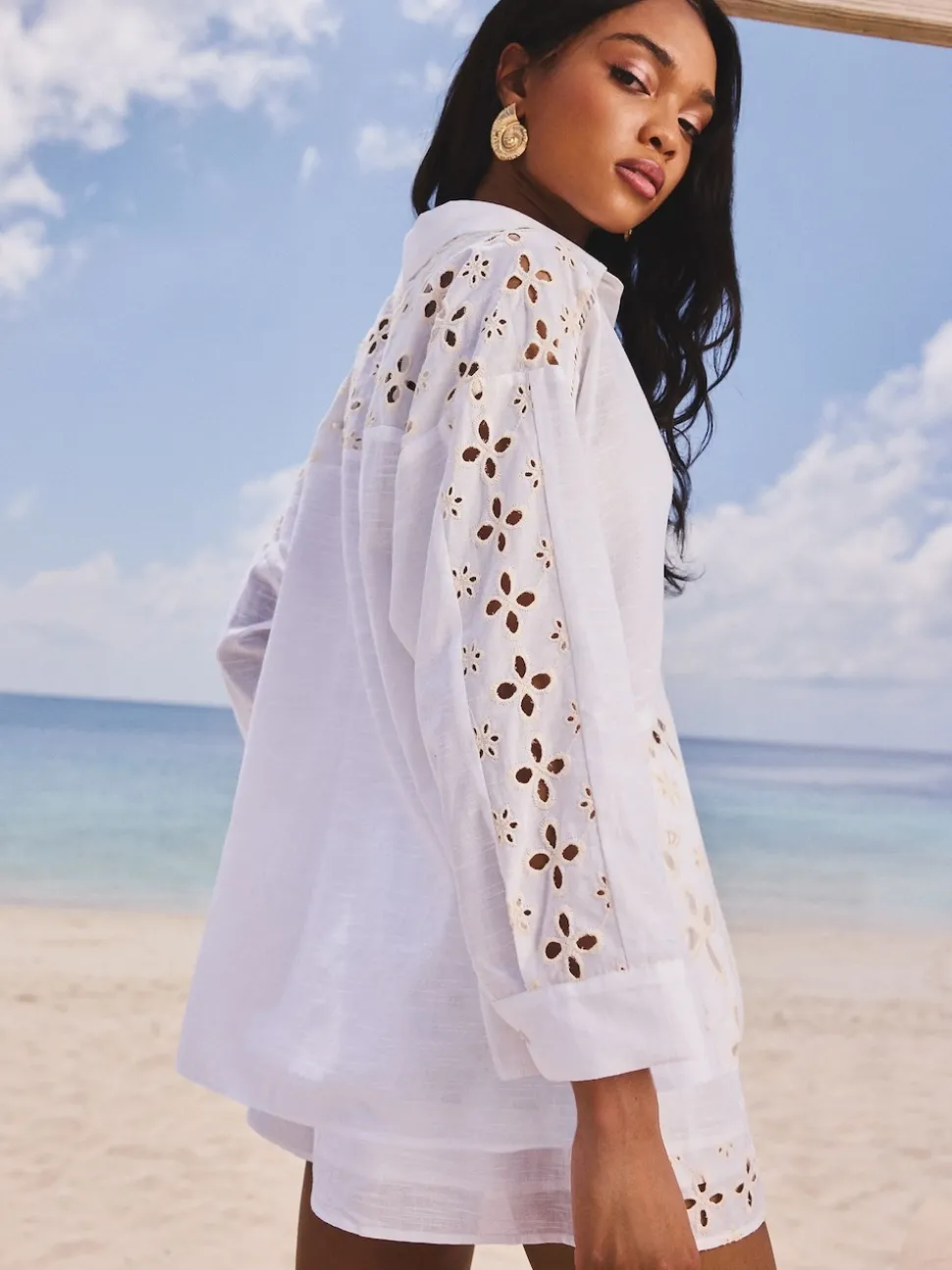 Blanc - Chemise Lipsy brodée Beach 100% coton coupe décontractée