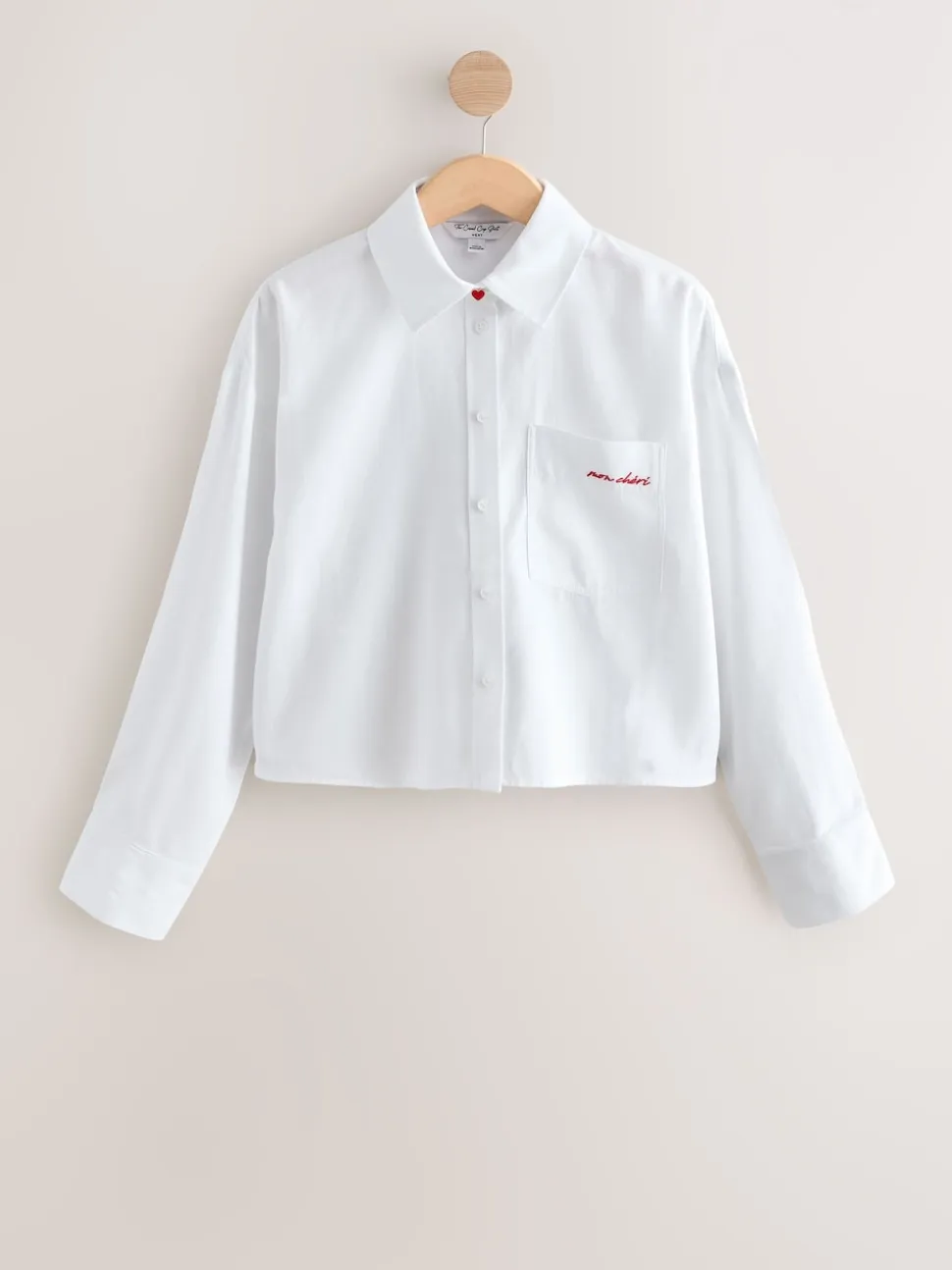 Blanc - Chemise raccourcie décontractée à manches longues avec broderie de poche