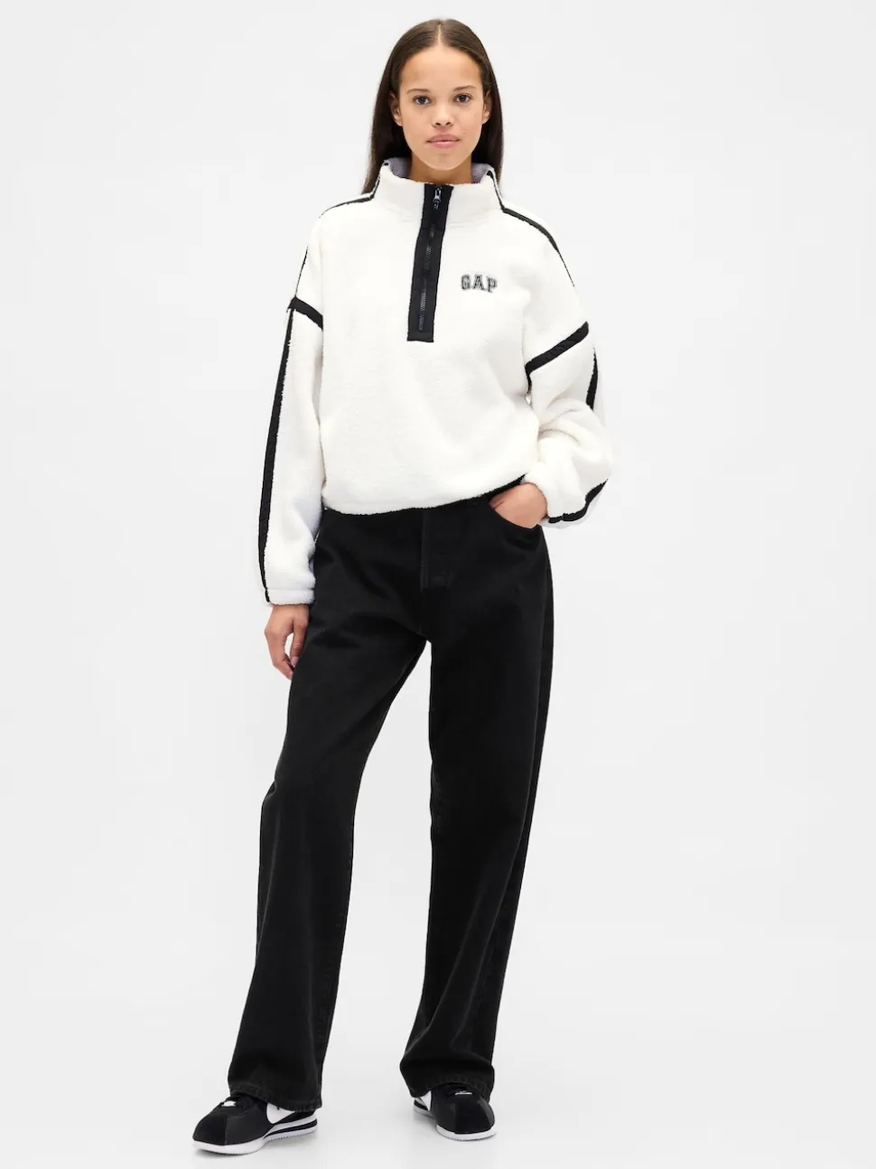 Blanc - Gap Polaire raccourcie oversize en sherpa à demi-fermeture éclair