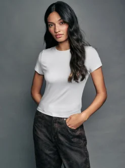 Blanc - Haut Col rond en nylon doux et moulant à Manches courtes