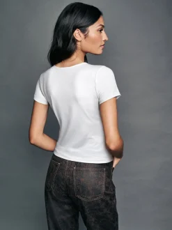 Blanc - Haut Col rond en nylon doux et moulant à Manches courtes