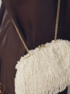 Blanc - Pochette à franges avec ornements effet perle