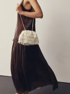 Blanc - Pochette à franges avec ornements effet perle