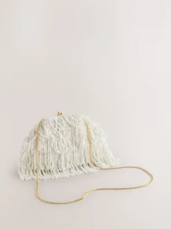 Blanc - Pochette à franges avec ornements effet perle