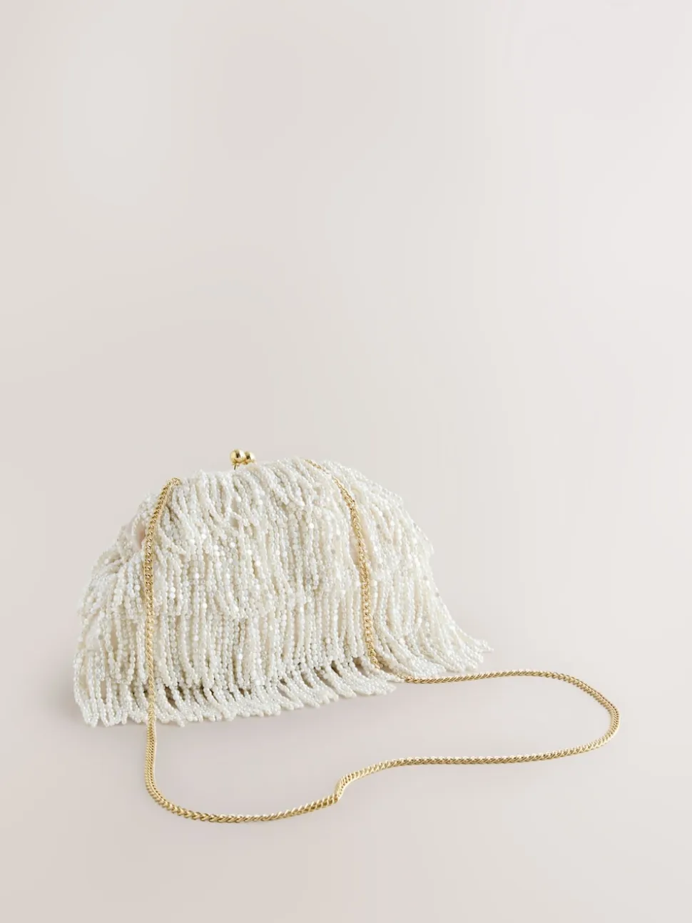 Blanc - Pochette à franges avec ornements effet perle