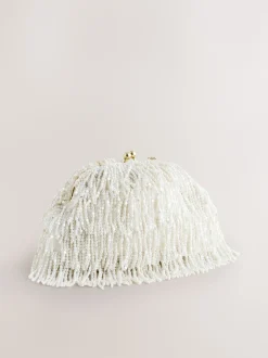 Blanc - Pochette à franges avec ornements effet perle
