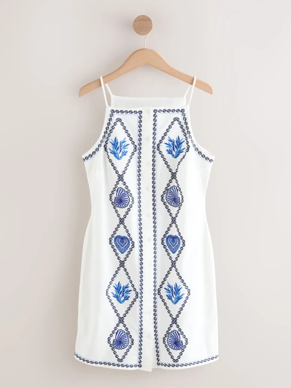 Blanc - Robe droite courte brodée en lin