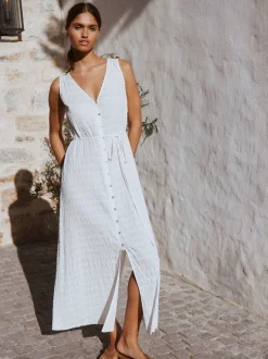 Blanc - Robe longue sans manches boutonnée ceinturée