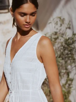 Blanc - Robe longue sans manches boutonnée ceinturée