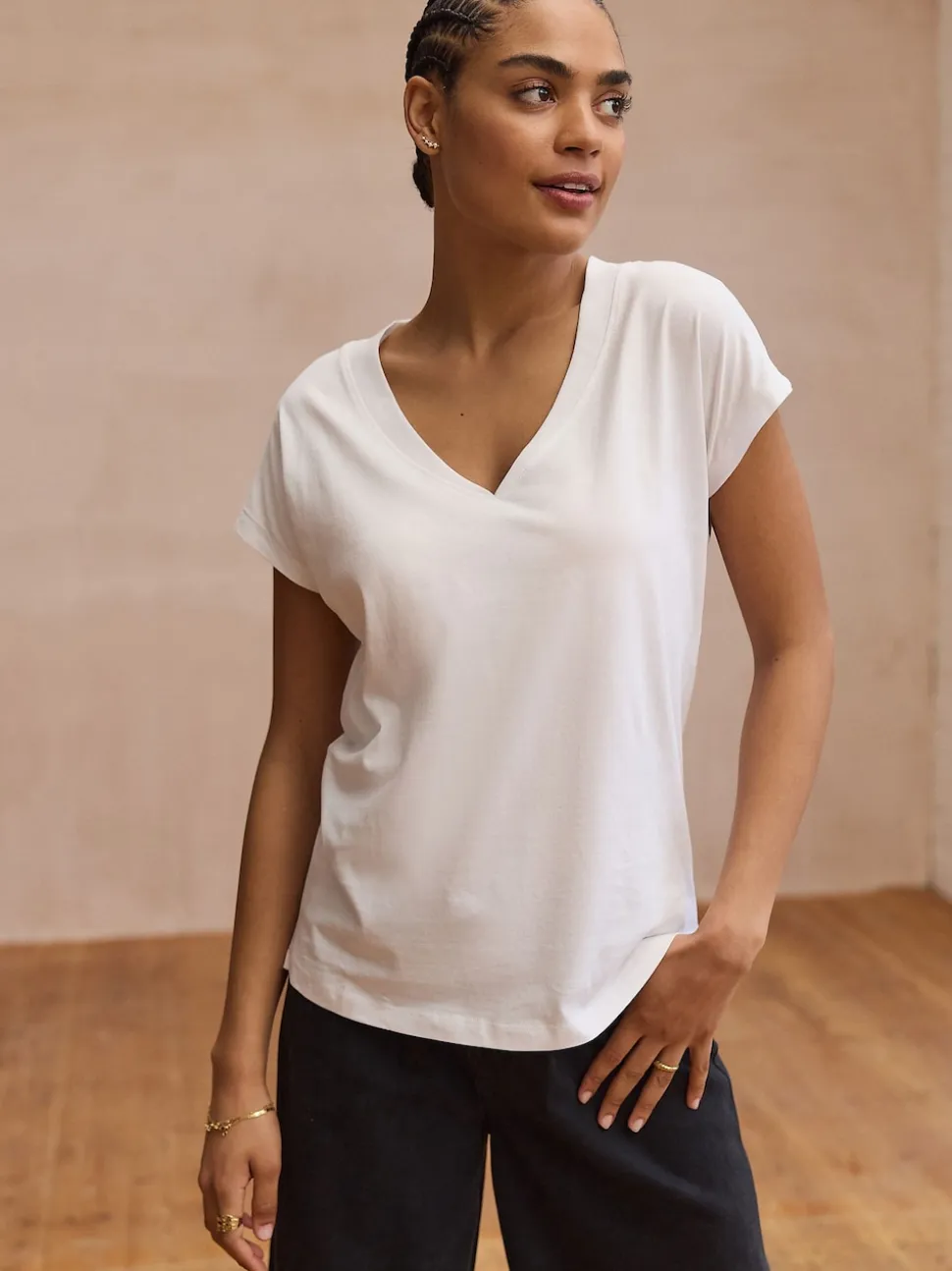 Blanc - T-shirt à col en V avec manches à bonnet