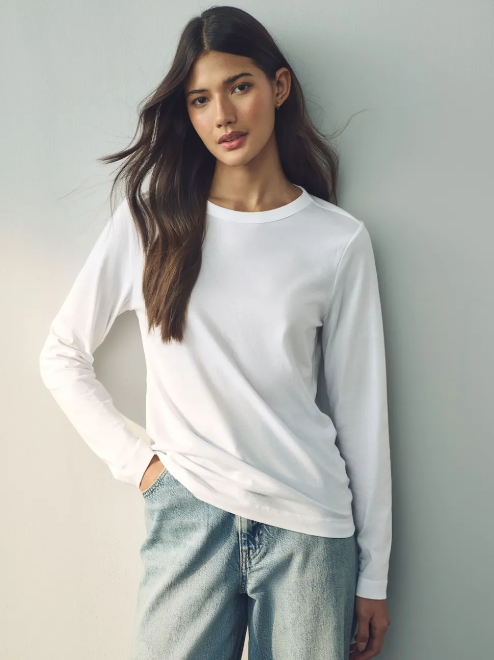 Blanc - T-shirt à manches longues de cou d'équipage