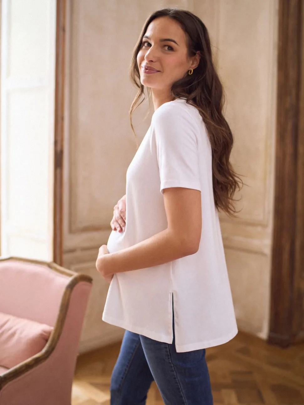 Blanc - T-shirt Grossesse Seraphine en modal de coton à manches courtes