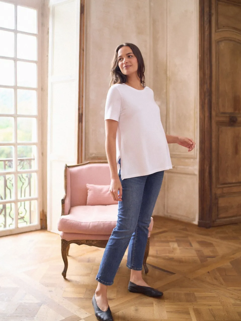 Blanc - T-shirt Grossesse Seraphine en modal de coton à manches courtes