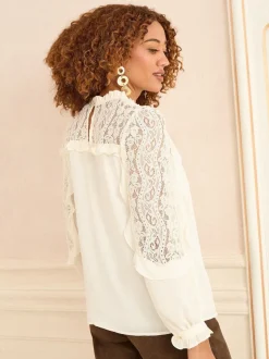 Blanc écru - Chemisier Love & Roses Manches longues à Col rond avec empiècement en dentelle