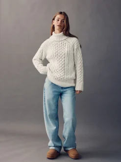 Blanc écru - Pull long torsadé à col roulé en laine