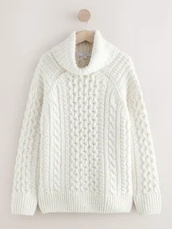 Blanc écru - Pull long torsadé à col roulé en laine