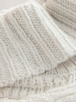 Blanc écru - Pull long torsadé à col roulé en laine