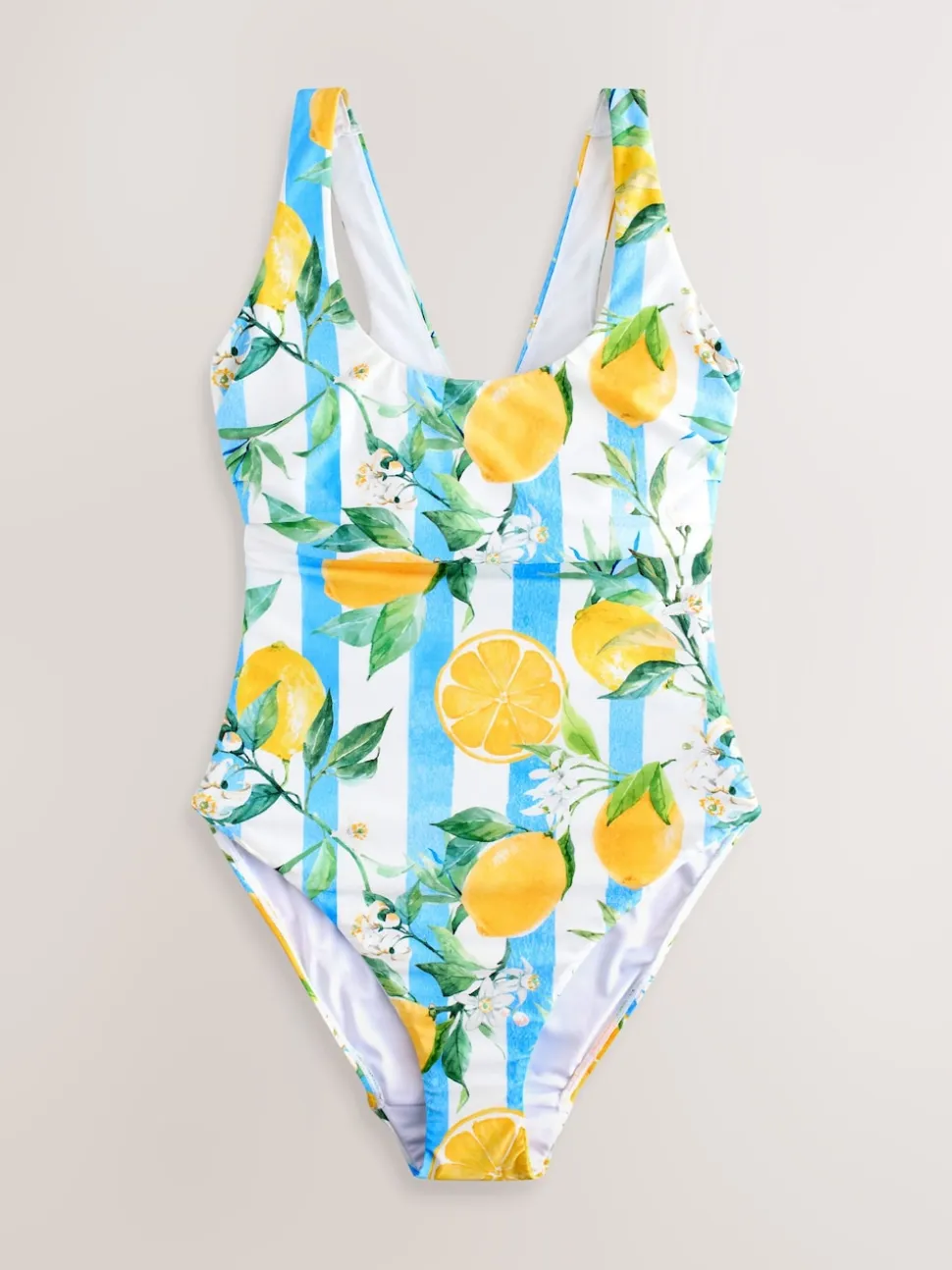 Blanc et Bleu rayé imprimé citron - DD Maillot de bain coupe ventrale Col dégagé