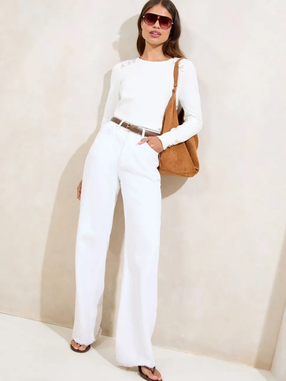 Blanc ivoire - Pull Lipsy à col rond boutonné en maille festonnée
