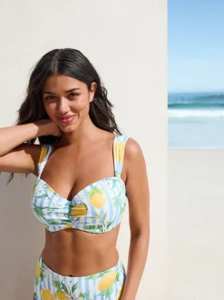 Blanc/bleu à rayures en piqué et imprimé citron - Haut de bikini bandeau filaire