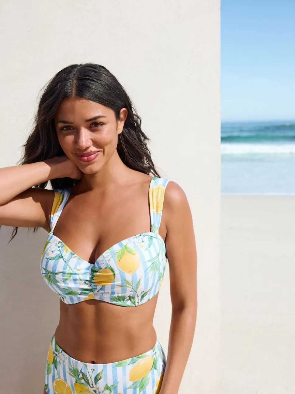 Blanc/bleu à rayures en piqué et imprimé citron - Haut de bikini bandeau filaire