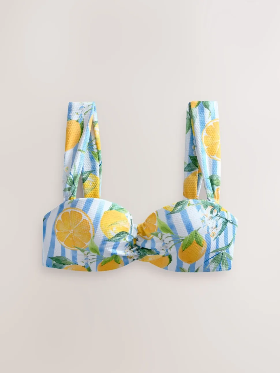 Blanc/bleu à rayures en piqué et imprimé citron - Haut de bikini bandeau filaire