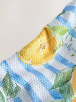 Blanc/bleu à rayures en piqué et imprimé citron - Bas de bikini à volants