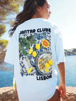 Blanc/Bleu - T-shirt de plage imprimé graphique