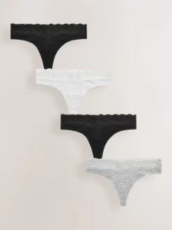 Blanc/Noir/Gris - Lot de 4 culottes en coton et dentelle