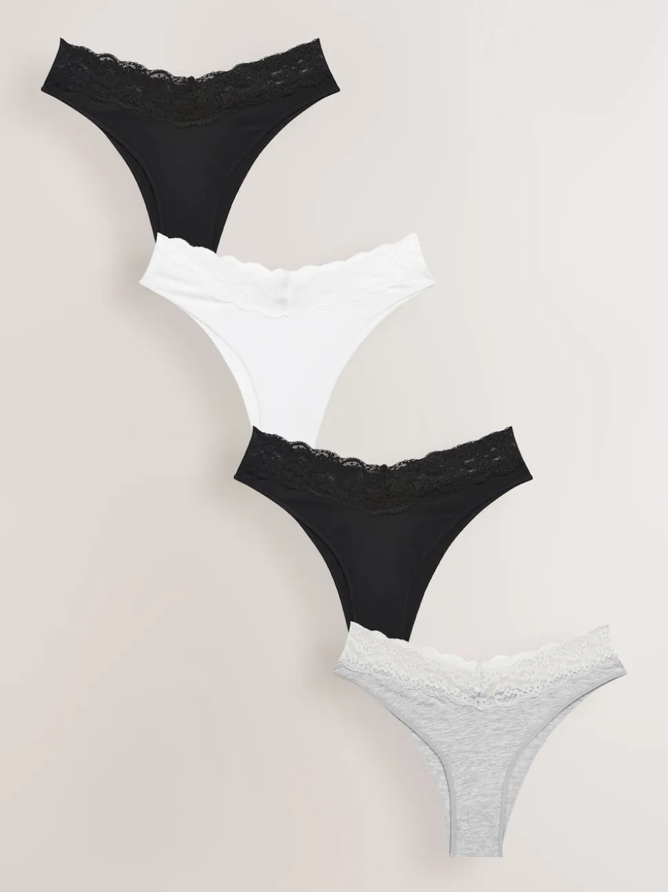 Blanc/Noir/Gris - Lot de 4 culottes en coton et dentelle