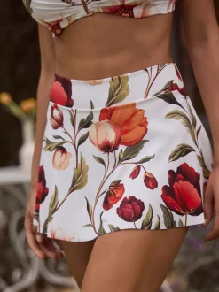Blanc/Rouge Fleuri - Bas de bikini jupe de bain