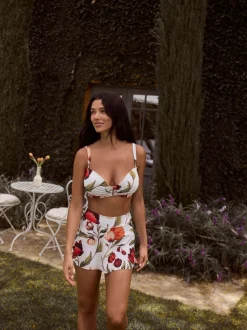 Blanc/Rouge Fleuri - Bas de bikini jupe de bain
