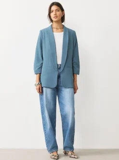 Bleu - Blazer décontracté à manches froncées