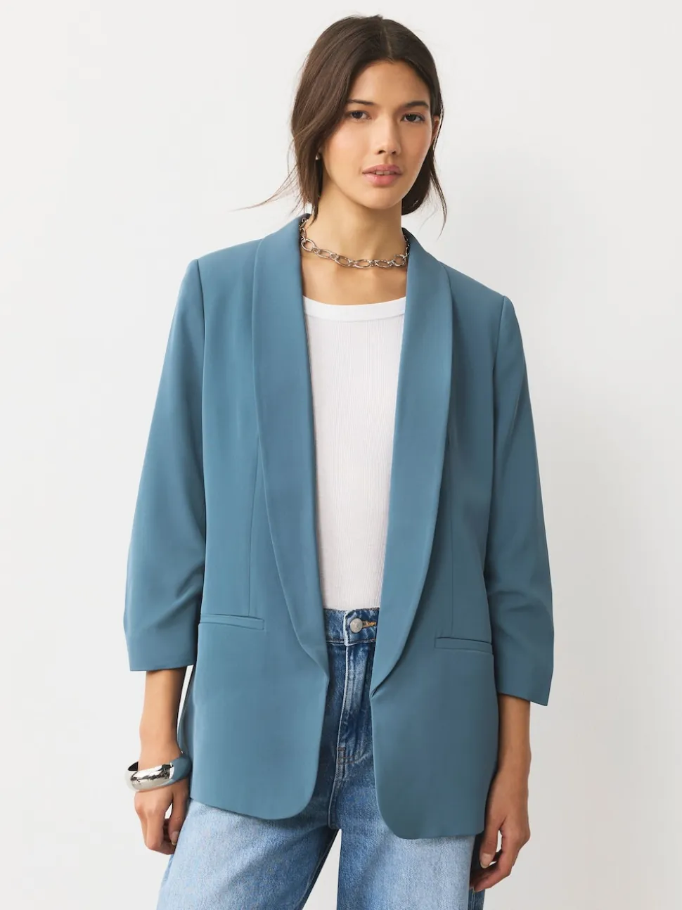 Bleu - Blazer décontracté à manches froncées