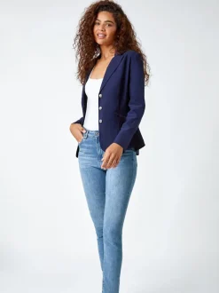 Bleu - Blazer Roman stretch à boutons