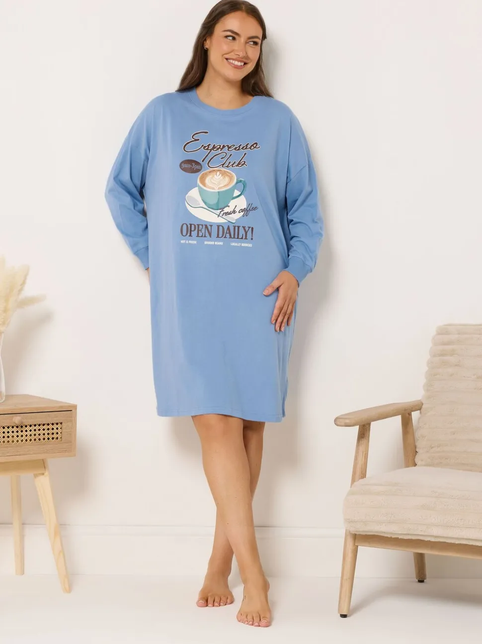 Bleu - Chemise de nuit Yours Curve à manches longues