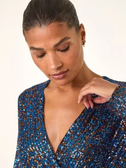 Bleu - Combinaison Roman Sequin Wrap Col en V extensible