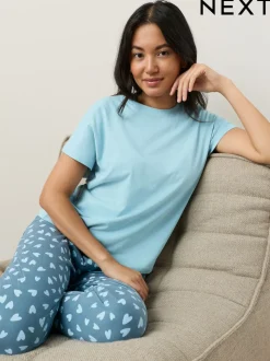 Bleu à imprimé cœur - Pyjama à manches courtes