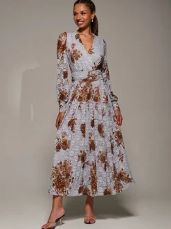 Bleu - Jolie Moi Robe Midaxi en dentelle imprimée à manches longues